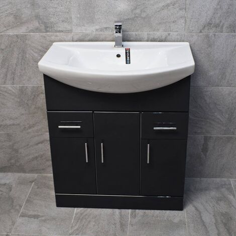750mm Vanity Unit Anthracite Grey Gloss Basin Sink Designer Bathroom Storage, With Amy Curved Mixer Tap