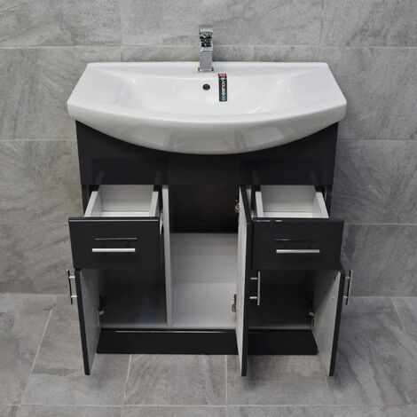 750mm Vanity Unit Anthracite Grey Gloss Basin Sink Designer Bathroom Storage, No Tap & Waste