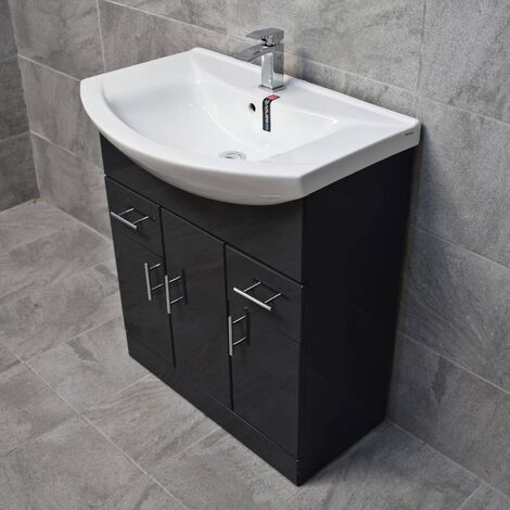 750mm Vanity Unit Anthracite Grey Gloss Basin Sink Designer Bathroom Storage, No Tap & Waste