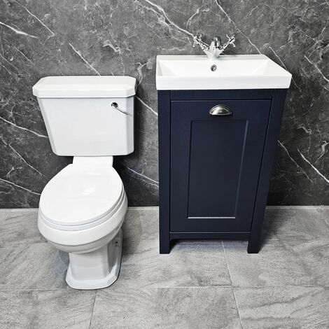 500mm Vanity Unit Indigo Blue with Carlton Toilet Set Derby Cloakroom Suite, Colour Matched Seat-No Tap & Waste-Luxury Flush (1/5)