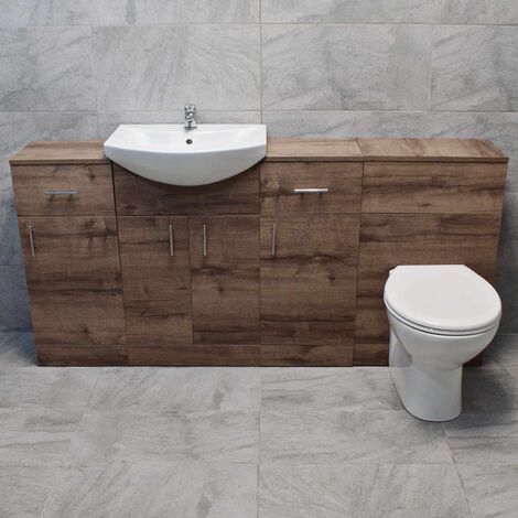 1740mm Vanity Walnut Oak Finish Bathroom Furniture Storage Suite Set Sink Toilet, Luxury D-Shape Toilet Pan-No tap