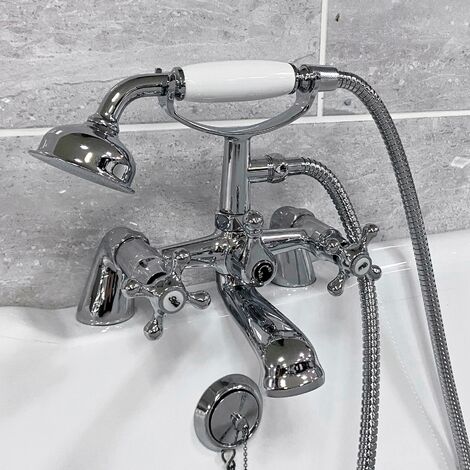 thumbnail image 2 of Traditional Chrome Bath Shower Mixer Tap – Cross Head Handles, Large Handset, Belmont Range 2 of 5