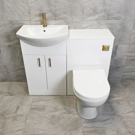 1050mm Bathroom Vanity Suite Sink Toilet Unit With Gold Brushed Brass Handles, No Tap