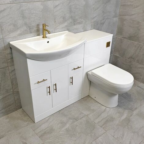 Bathroom Vanity Suite With Brushed Brass Handles 1250mm 1350mm 1450mm Units, 1250mm-No Tap