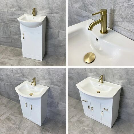 Vanity Unit Bathroom Sink Basin Storage White with Gold Brushed Brass Handles, 950mm-without Tap/Waste