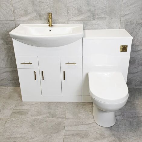 Bathroom Vanity Suite With Brushed Brass Handles 1250mm 1350mm 1450mm Units, 1250mm-With Tap & Waste