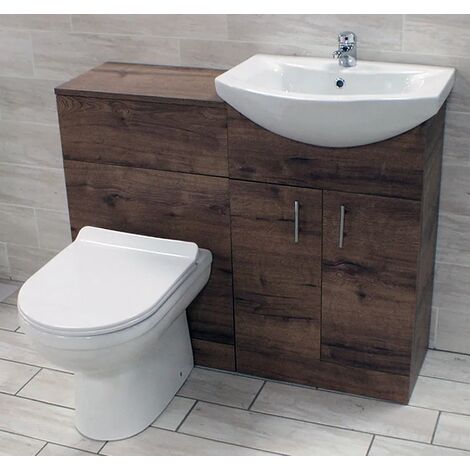1050mm Walnut Oak Finish Bathroom Furniture Vanity Set Basin Sink + Toilet Unit, With luxury pan-With Uma small tap & waste