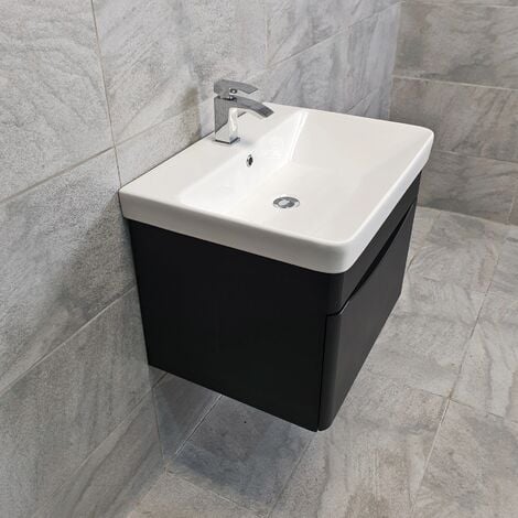 Wall Hung Vanity Unit Satin Black with Ceramic Sink Basin 1 Drawer Aegean, Without Tap