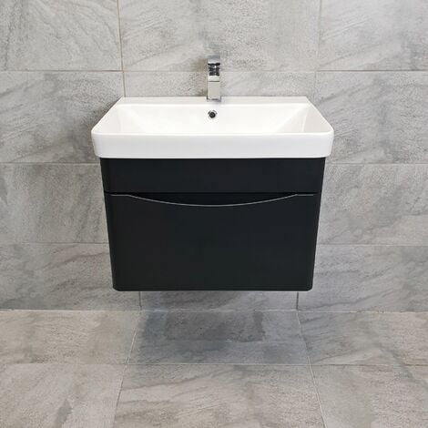 Wall Hung Vanity Unit Satin Black with Ceramic Sink Basin 1 Drawer Aegean, Without Tap