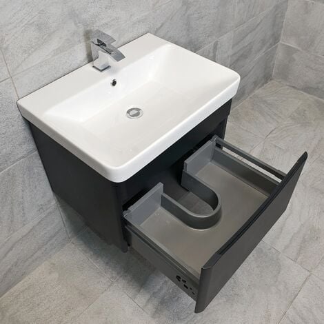 Wall Hung Vanity Unit Satin Black with Ceramic Sink Basin 1 Drawer Aegean, Without Tap