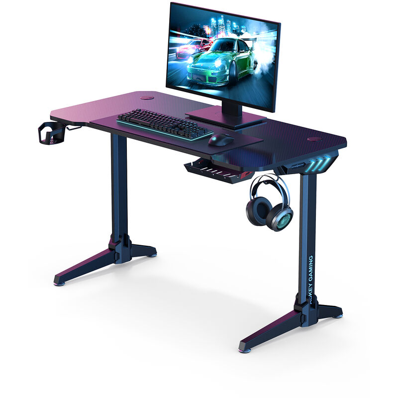 LY113 Gaming-Tisch, Schreibtisch RGB-Beleuchtung, Kopfhörer-Getränkehalter  und Lautsprecherhaken, Kabelführung, Computertisch