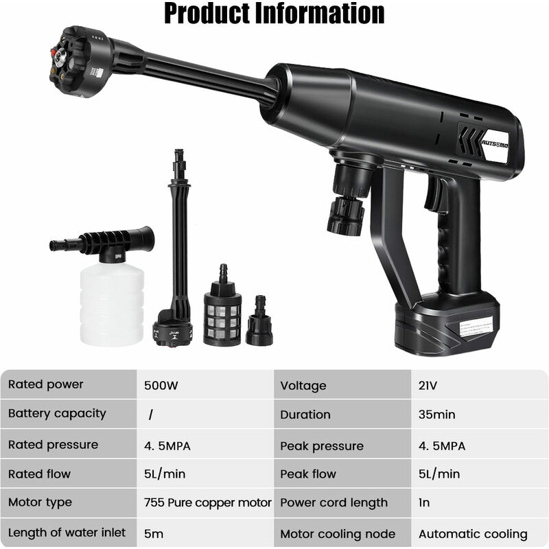 Pistolet pression Nettoyeur haute pression 500W 100 bars 755 moteur en  cuivre pur Lavage de voiture portatif avec 1 Batterie