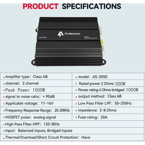 Amplificateur Audio Voiture TOTMOX 3800W - 2 Canaux, Pour Caisson De Basses Sous Le Siège, Puissance Max - 5