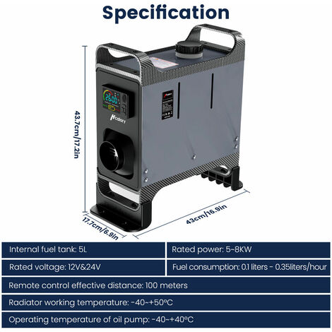 Chauffage à air Diesel aluminium HCalory 8KW 12V 5L Heater Réchauffeur  d'air Diesel LCD silencieux