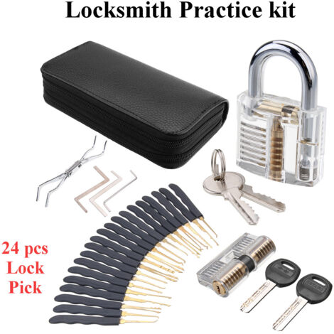 Kit de 24 outils d'extraction de clés – 2 cadenas transparents avec 4 clés – Acier inoxydable – Pour apprentissage serrurerie – Maerex - 24Pcs (1/4)