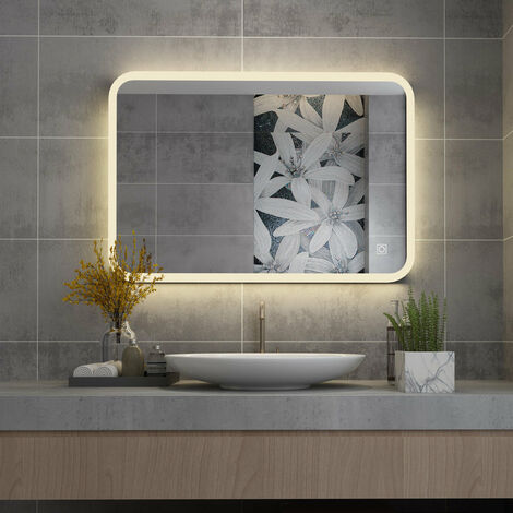 SIRHONA 100x70cm LED Miroir Salle de Bains avec éclairage Cosmétiques Mural  Lumière Illumination avec Commande par Effleurement/Anti-buée