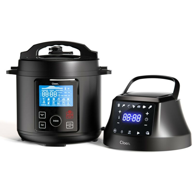 Olla eléctrica programable multifuncional 6L, robot de cocina 2 en 1, tapa freidora de aire, olla programable y freidora de aire 2 en 1, 9 electrodomésticos en 1, potencia de 1300W, 3 niveles de potencia, Foodie Pot y Foodie Fryer Lid Cloen