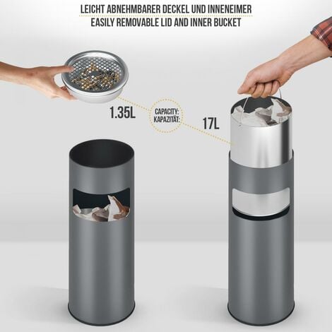 Jago® Standaschenbecher mit Mülleimer - 30 Liter, aus Edelstahl/Eisen, 2 in  1, mit Inneneimer, Deckel