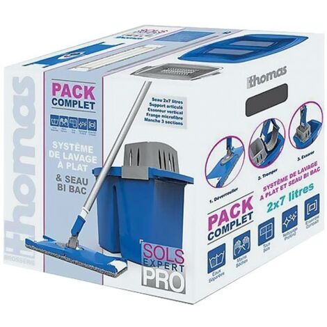 Kit lave sol à plat avec seau double bac 2 x 7 L – Essoreur vertical – Frange microfibre – Manche 3 sections – Anse ergonomique – Brosserie Thomas
