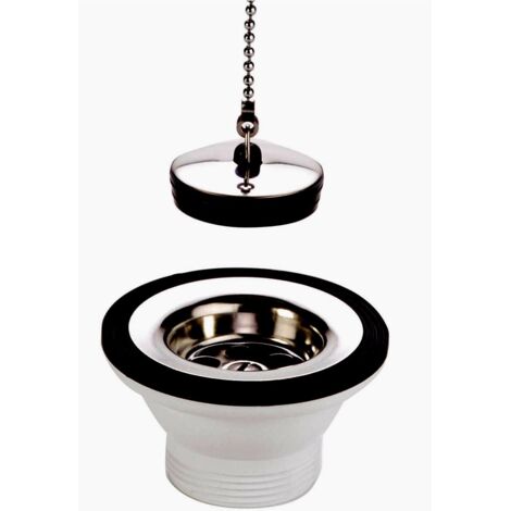 Blanc Habitat – Bonde de lavabo sans trop plein 50 mm – Plateau inox avec chaînette perlée 28 cm – Installation à visser pour évier inox (1/4)