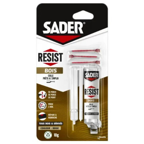 Colle epoxy bi-composant 10g – Pour bois dur et composites – Résistance de -50°C à +120°C – Embout auto-mélangeur – Sader