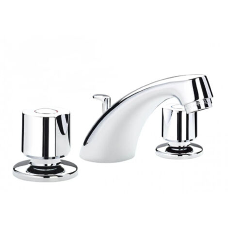Mélangeur de lavabo chromé 3 trous – Vidage automatique en laiton – Bec fixe – Manettes croisillons crantage laiton – Pression 0,5 à 5 bars – Kramer