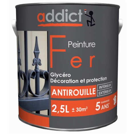 Peinture fer glycéro antirouille 2,5 litres – Blanc pur – Primaire et finition pour métal – Excellente tenue en extérieur – Addict