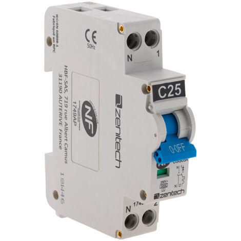 Zenitech – Disjoncteur unipolaire 25A – Courbe de déclenchement 3kA – Type de connexion à vis – Fixation sur rail DIN