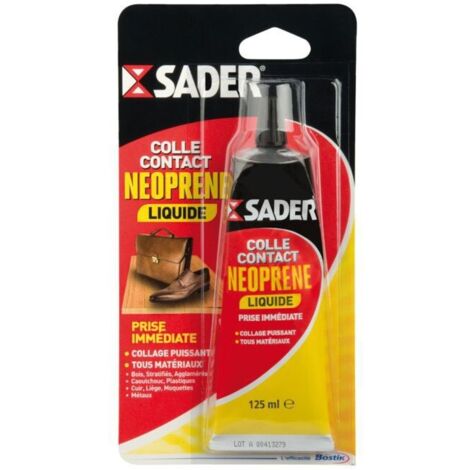 Colle néoprène liquide 125ml – Prise immédiate et définitive – Haute résistance à l'humidité et à la chaleur +110°C – Pour bois, métal, cuir et plastique – Sader