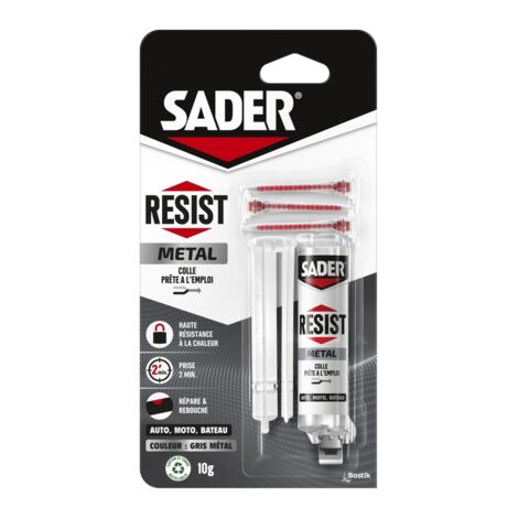 Sader – Colle epoxy bi-composants pour métal – Prise rapide 2 min – Résistance aux chocs et à la chaleur – Seringue 10g
