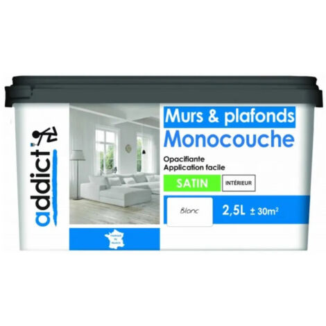 Peinture acrylique satin 2.5 litres blanc – Monocouche opacifiante – Haut pouvoir garnissant – Application facile pour plâtre et bois – Addict