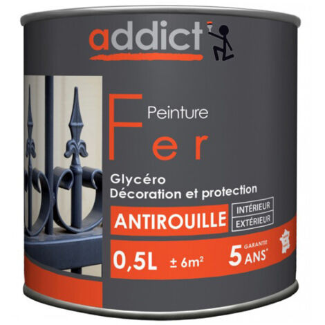 Peinture fer glycéro antirouille, gris argent, 0,5 litre intérieur et extérieur.