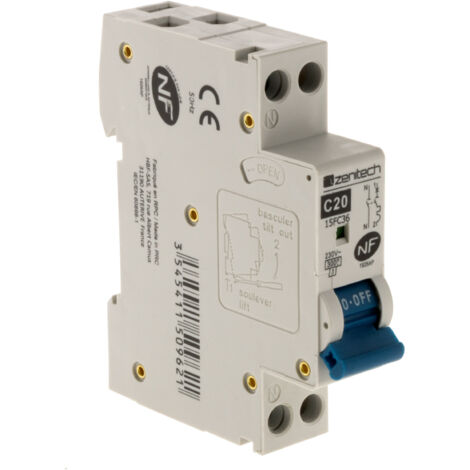 Zenitech – Disjoncteur unipolaire 20A NF – Courbe thermique – 3,5 kA – Fixation rail DIN – Protection circuits électriques cumulus et chauffe-eau