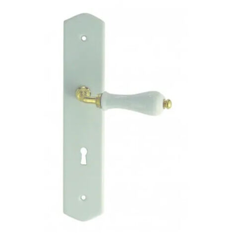 Demi ensemble sur plaque poire en porcelaine blanche et laiton poli – Entraxe 195mm – Dimensions plaque 225x50mm – Poignée 110mm – Dt 2000