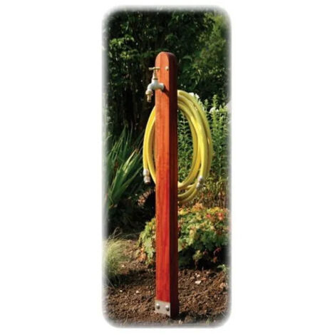 Borne d'arrosage à planter en bois – Robinet coloris ton pierre – Support tuyau métal – Système de pose complet (1/2)