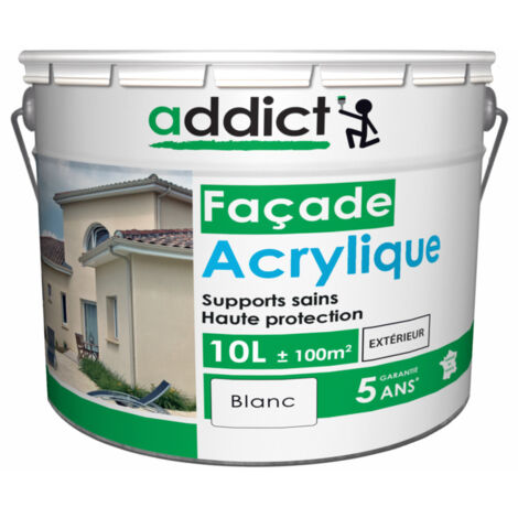 Peinture façade acrylique 10L blanche – Résistante aux intempéries – Microporeuse et souple – Pour ravalements de façade – Addict - Acrylique10lblanc (1/2)