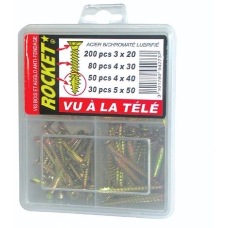 Assortiment 360 vis bois Rocket tête fraisée PZ acier bichromaté