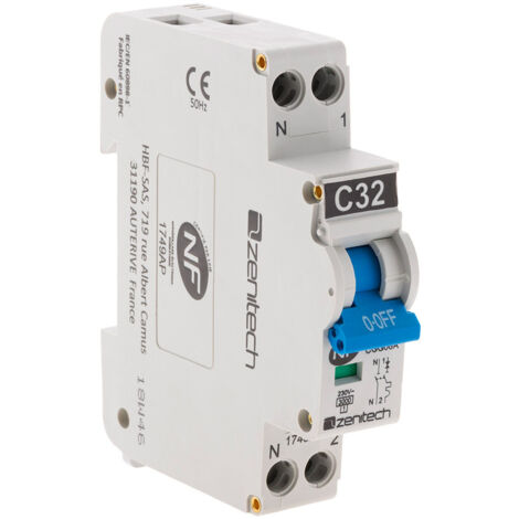 Zenitech – Disjoncteur unipolaire 32A NF – Capacité d'interruption 3KA – Fixation sur rail DIN – Protection circuits électriques