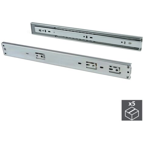 Emuca – Lot de 5 paires de coulisses à billes pour tiroirs – Sortie totale, fermeture amortie – Charge max 45 kg – Acier zingué 500mm
