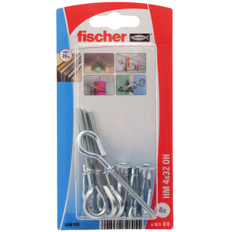 Fischer – Cheville pour support creux 4x32 mm – Métal électrozingué – Lot de 4 chevilles et pitons – Pour carton-plâtre et panneaux légers - hm4x32 (1/4)