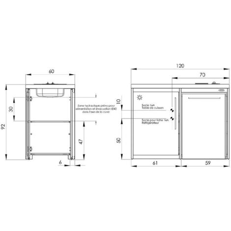 Cuisinette avec plaque et réfrigérateur METALLINE 120cm, thermolaqué glacier