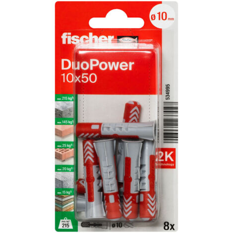 Fischer – Cheville d'expansion DuoPower 10 x 50 mm – Lot de 8 unités – Pour béton, plaques de plâtre et pierre naturelle – Installation facile - V887223