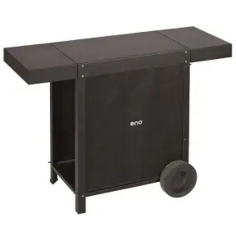 Chariot à plancha en acier thermolaqué noir – 2 tablettes latérales – Dimensions 83x112x42 cm – 2 roues fixes pour mobilité – ENO