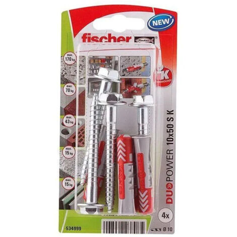 Fischer – Cheville DuoPower 10 x 50 mm – Pour béton, brique, plaques de plâtre – Charge max 70 kg – Lot de 4 chevilles et vis incluses - V887243