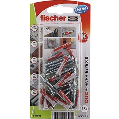 Fischer – Fiches DuoPower 5x25mm avec vis 4x35mm – Blister de 18 unités – Nylon bimatière pour béton et briques – Installation facile (1/10)