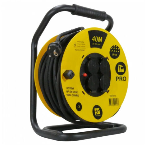 Enrouleur électrique 40m HO7RNF 3G2,5 – 4 prises 16A – IP44 pour chantiers humides – Disjoncteur thermique intégré – Wilmart - H07RNF