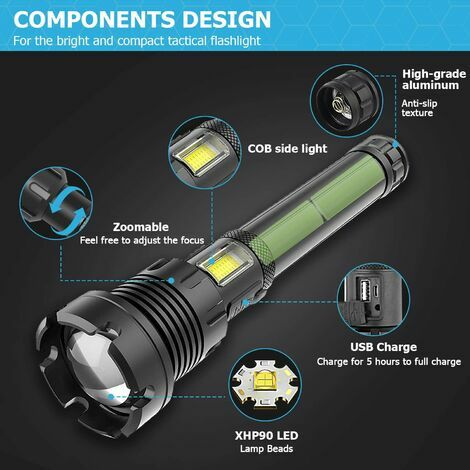 Lampe de poche LED ultra puissante en watts trois couleurs COB