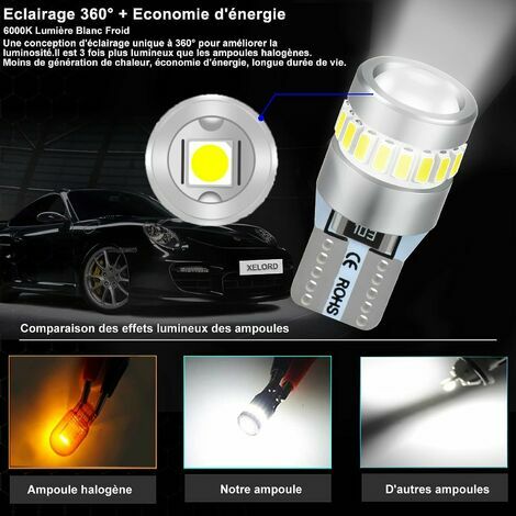 Sycreek Ampoule T10 W5W LED Canbus Anti Erreur, DC 12V 6000K Blanc pour  Intérieur De Voiture Lumière Dôme Carte Côté Coffre Feux De Plaque  D'immatriculation(Pack de 2) : : Auto et Moto