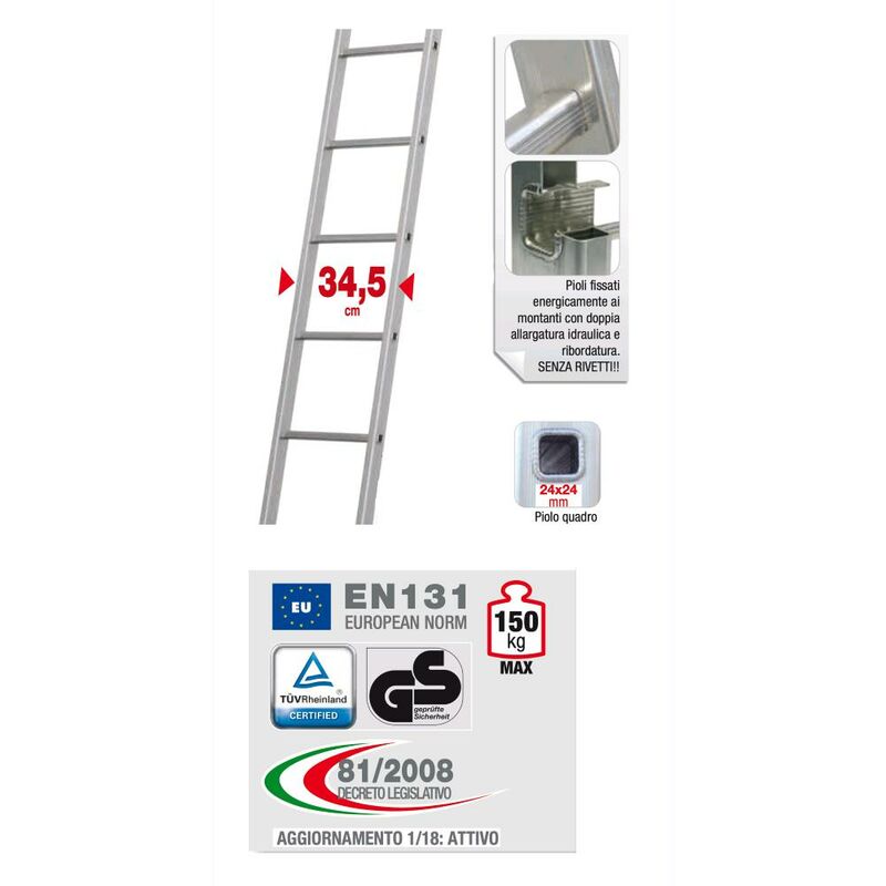 Scala In Alluminio Industriale 9 Gradini - 2.76mt Con Pioli Quadri 24x24mm - Foto 5