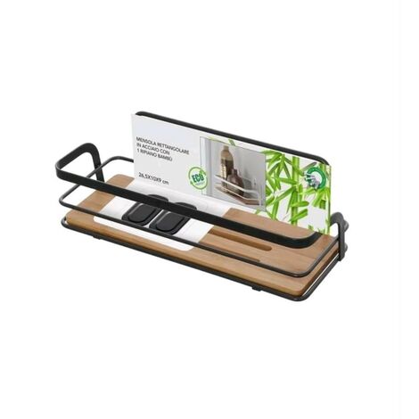 Mensola Rettangolare per Bagno in Acciaio Colore Nero Opaco con ripiano Bambu' 26,5x10x9H cm